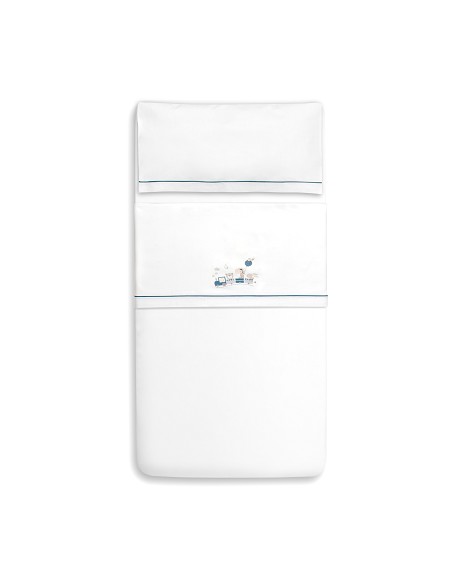 Triptico Minicuna 100% Algodon Mod. Jirafa Tren Bco/Petroleo