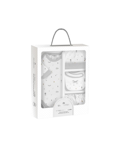 Set Regalo Body 4 Pcs 100% Alg Talla 0-6 Mod Animales Fox Gris
