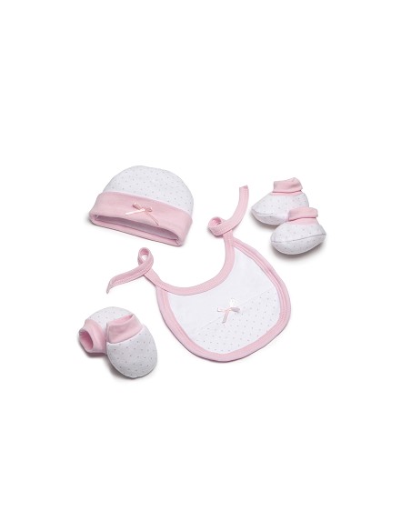 Set Regalo 4 Pcs 100% Alg  T 0-6 M(Gorro-Peucos-Manoplas-Babero) Rosa