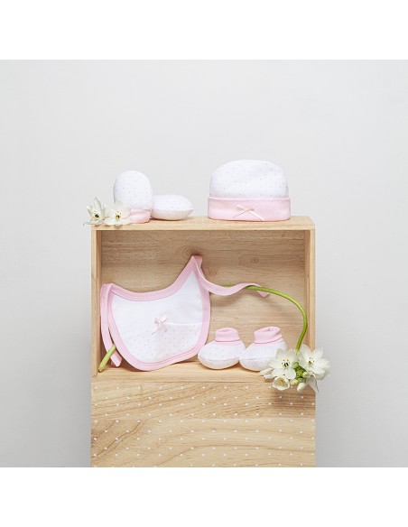 Set Regalo 4 Pcs 100% Alg  T 0-6 M(Gorro-Peucos-Manoplas-Babero) Rosa