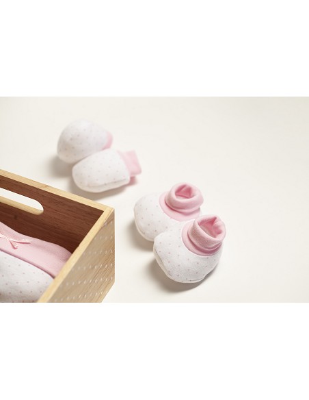 Set Regalo 4 Pcs 100% Alg  T 0-6 M(Gorro-Peucos-Manoplas-Babero) Rosa
