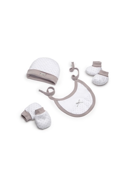 Set Regalo 4 Pcs 100% Alg  T 0-6 M(Gorro-Peucos-Manoplas-Babero) Beig
