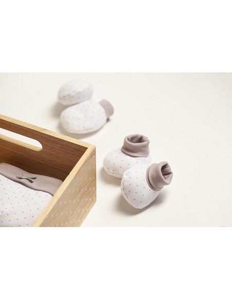 Set Regalo 4 Pcs 100% Alg  T 0-6 M(Gorro-Peucos-Manoplas-Babero) Beig