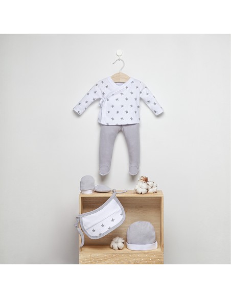 Set Regalo 5 Pcs 100% Alg  T 0-6 m Mod Estrellas Gris