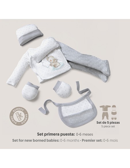 Set Regalo 5 Pcs 100% Alg  T 0-6 m Mod Elefantito Gris