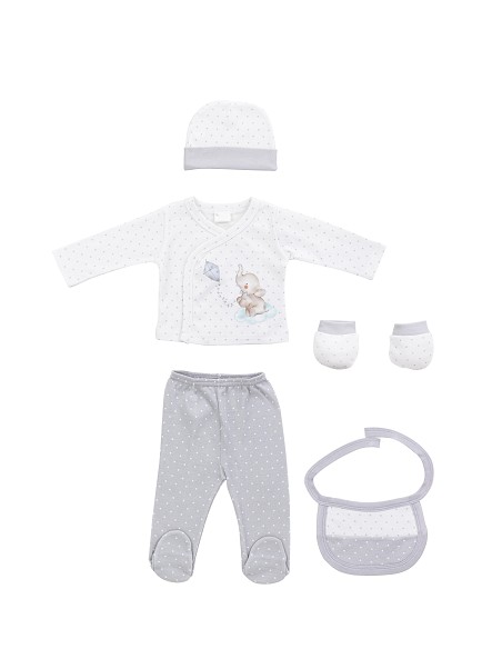 Set Regalo 5 Pcs 100% Alg  T 0-6 m Mod Elefantito Gris