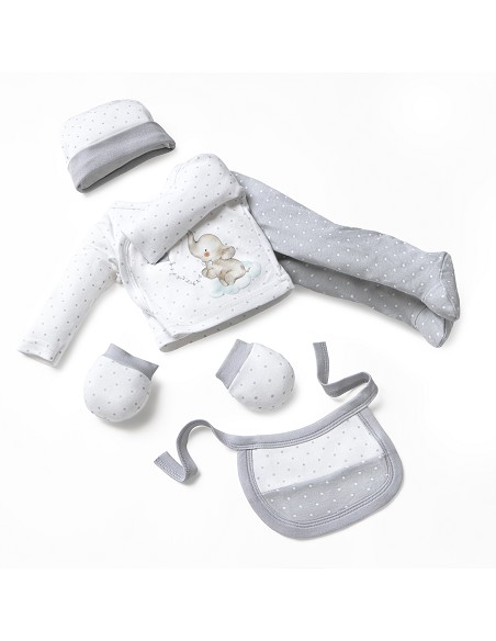 Set Regalo 5 Pcs 100% Alg  T 0-6 m Mod Elefantito Gris