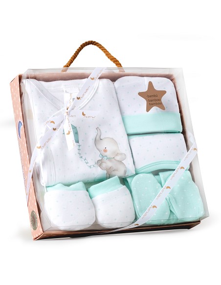 Set Regalo 5 Pcs 100% Alg  T 0-6 m Mod Elefantito Menta