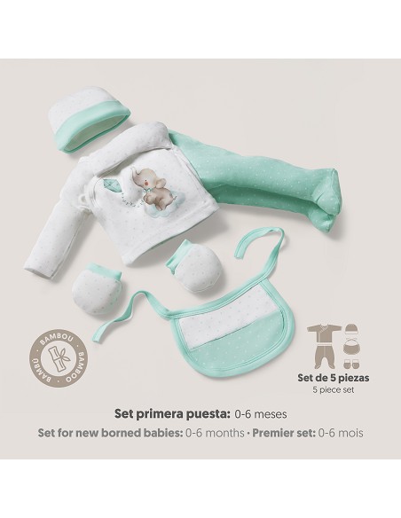 Set Regalo 5 Pcs 100% Alg  T 0-6 m Mod Elefantito Menta