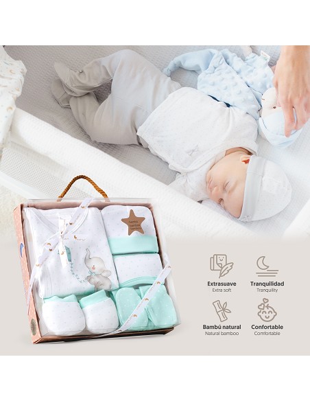 Set Regalo 5 Pcs 100% Alg  T 0-6 m Mod Elefantito Menta