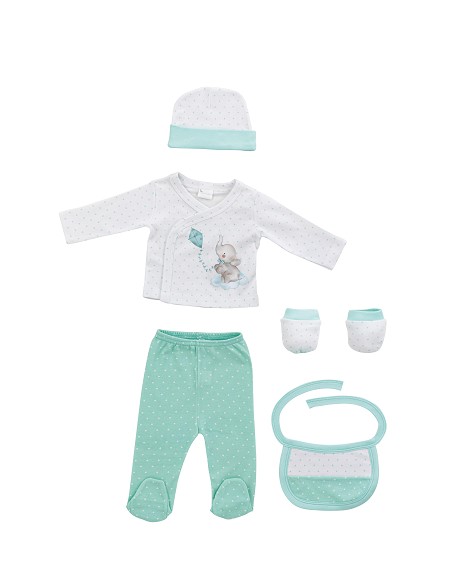 Set Regalo 5 Pcs 100% Alg  T 0-6 m Mod Elefantito Menta