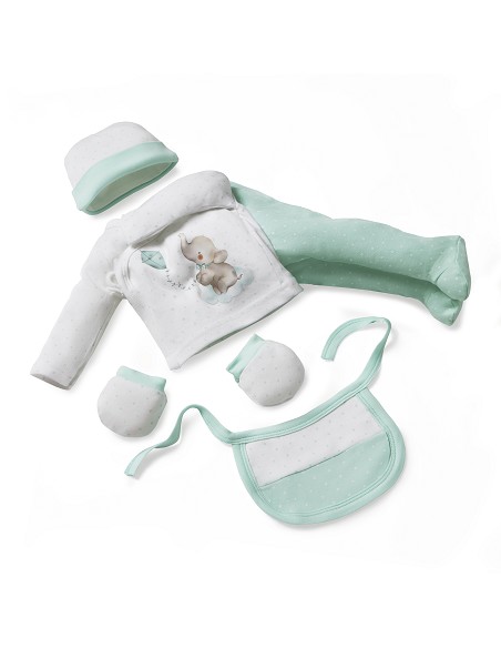 Set Regalo 5 Pcs 100% Alg  T 0-6 m Mod Elefantito Menta