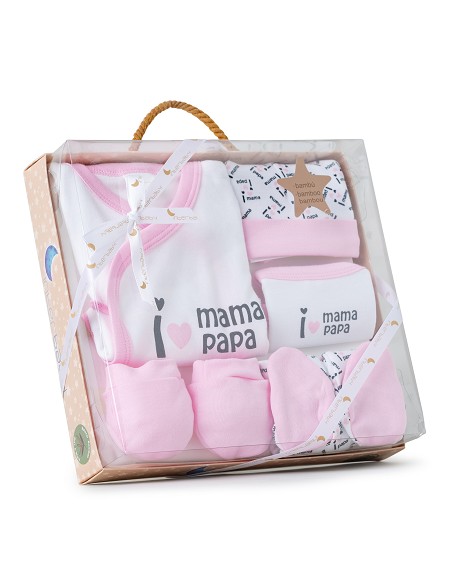 Set Regalo 5 Pcs 100% Alg  T 0-6 m Mod I Love Mama-Papa Rosa