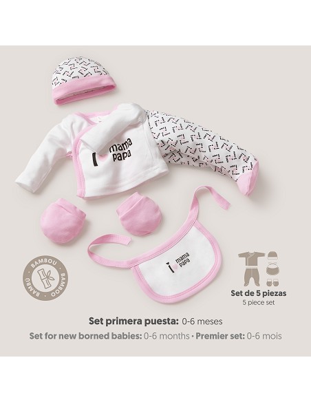 Set Regalo 5 Pcs 100% Alg  T 0-6 m Mod I Love Mama-Papa Rosa