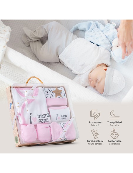 Set Regalo 5 Pcs 100% Alg  T 0-6 m Mod I Love Mama-Papa Rosa
