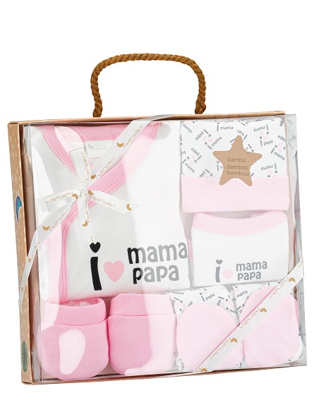 Set Regalo 5 Pcs 100% Alg  T 0-6 m Mod I Love Mama-Papa Rosa