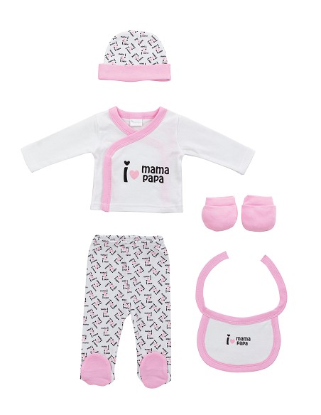 Set Regalo 5 Pcs 100% Alg  T 0-6 m Mod I Love Mama-Papa Rosa