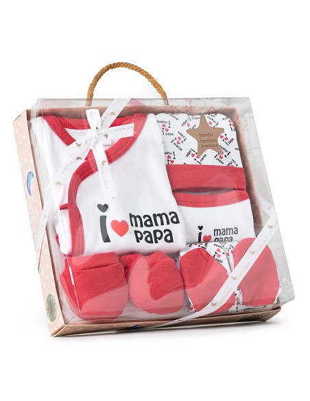 Set Regalo 5 Pcs 100% Alg  T 0-6 m Mod I Love Mama-Papa Rojo