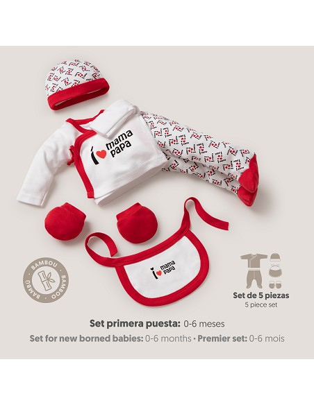 Set Regalo 5 Pcs 100% Alg  T 0-6 m Mod I Love Mama-Papa Rojo