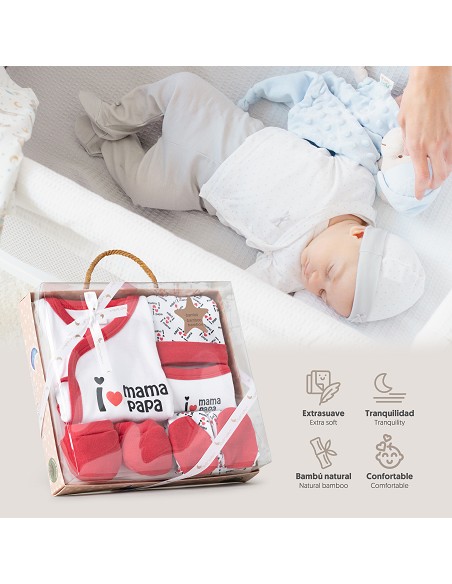 Set Regalo 5 Pcs 100% Alg  T 0-6 m Mod I Love Mama-Papa Rojo