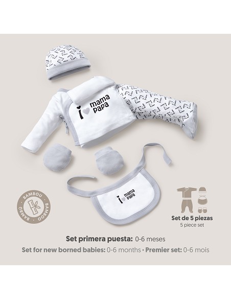 Set Regalo 5 Pcs 100% Alg  T 0-6 m Mod I Love Mama-Papa Gris