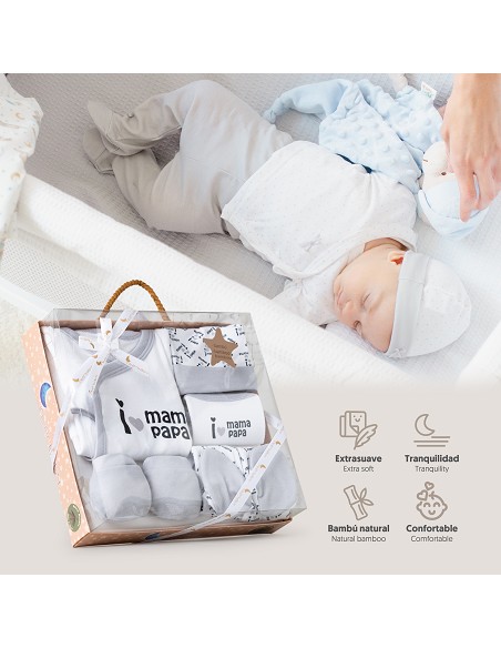 Set Regalo 5 Pcs 100% Alg  T 0-6 m Mod I Love Mama-Papa Gris