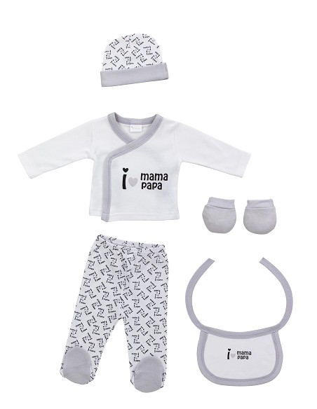 Set Regalo 5 Pcs 100% Alg  T 0-6 m Mod I Love Mama-Papa Gris