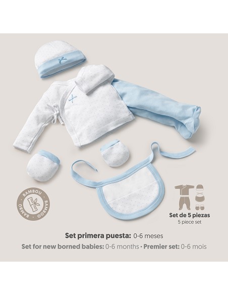 Set Regalo 5 Pcs 100% Alg  T 0-6 m Mod Topos Bamboo Azul