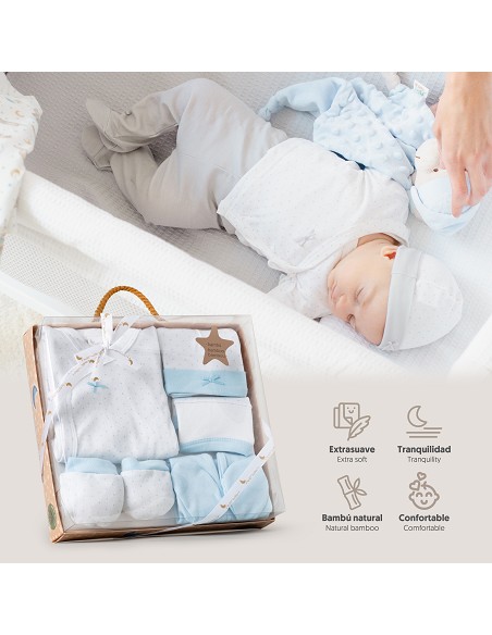 Set Regalo 5 Pcs 100% Alg  T 0-6 m Mod Topos Bamboo Azul