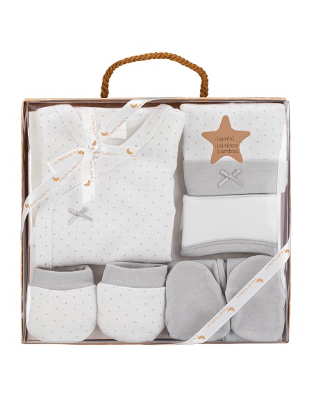 Set Regalo 5 Pcs 100% Alg  T 0-6 m Mod Topos Bamboo Gris