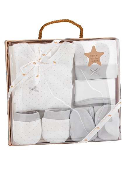 Set Regalo 5 Pcs 100% Alg  T 0-6 m Mod Topos Bamboo Gris