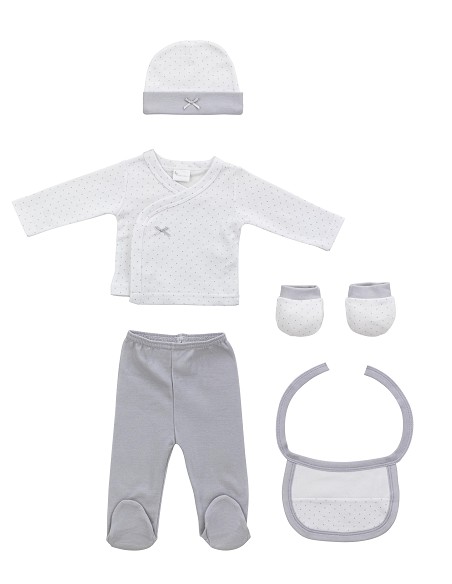 Set Regalo 5 Pcs 100% Alg  T 0-6 m Mod Topos Bamboo Gris