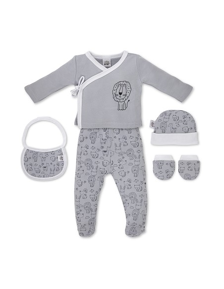 Set Regalo 5 Pcs 100% Alg  T 0-6 m Mod Animalitos Gris