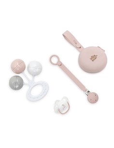 Set 4 Pcs Silicona Chupetero+Porta+Chupete+Sonajero Rosa