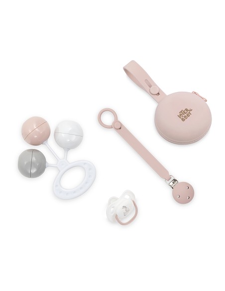 Set 4 Pcs Silicona Chupetero+Porta+Chupete+Sonajero Rosa