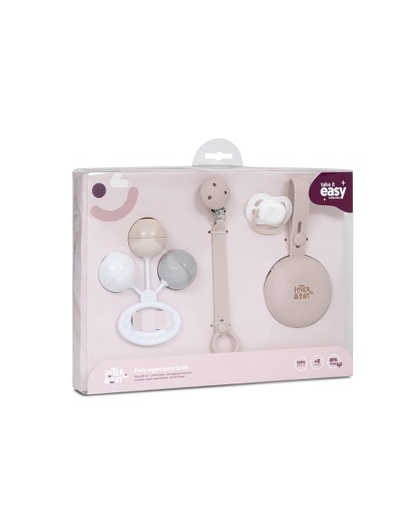 Set 4 Pcs Silicona Chupetero+Porta+Chupete+Sonajero Rosa