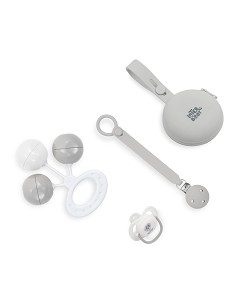 Set 4 Pcs Silicona Chupetero+Porta+Chupete+Sonajero Gris