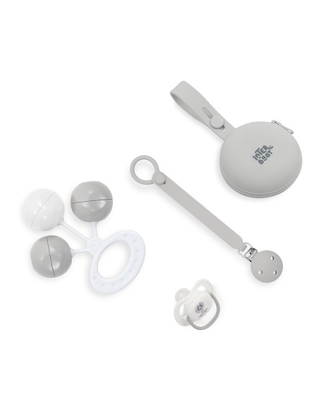 Set 4 Pcs Silicona Chupetero+Porta+Chupete+Sonajero Gris