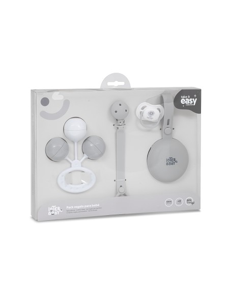 Set 4 Pcs Silicona Chupetero+Porta+Chupete+Sonajero Gris