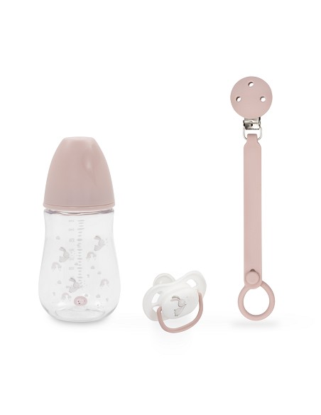 Set 3 Pcs Silicona Chupetero+Chupete+Biberon Rosa