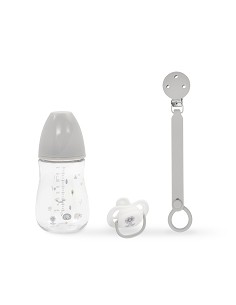 Set 3 Pcs Silicona Chupetero+Chupete+Biberon Gris