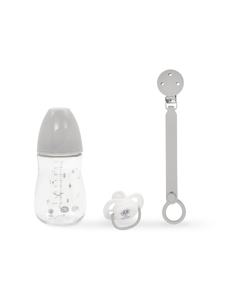 Set 3 Pcs Silicona Chupetero+Chupete+Biberon Gris