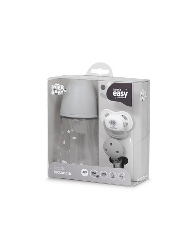 Set 3 Pcs Silicona Chupetero+Chupete+Biberon Gris