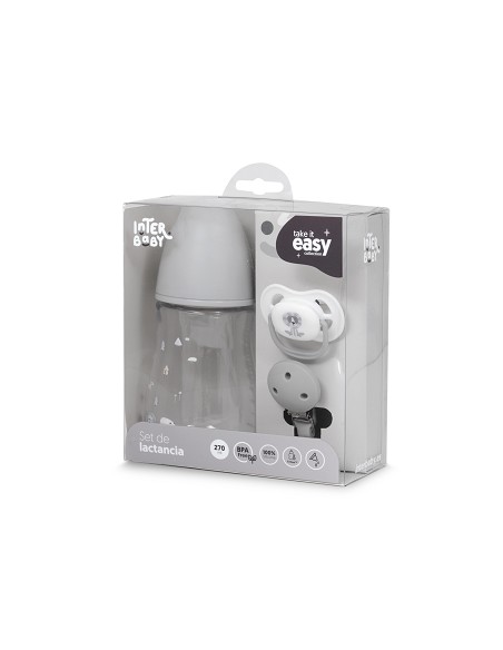 Set 3 Pcs Silicona Chupetero+Chupete+Biberon Gris