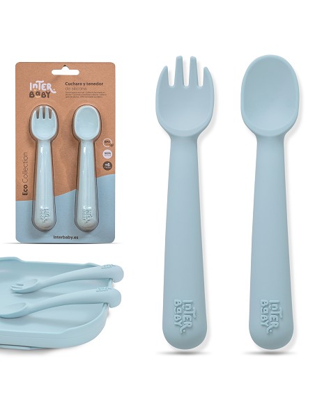 Cuchara y Tenedor de Silicona Azul Grisaceo