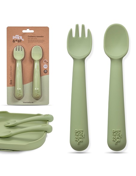 Cuchara y Tenedor de Silicona Verde Oliva