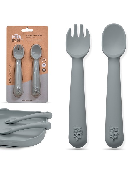 Cuchara y Tenedor de Silicona Gris Petroleo