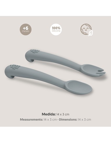 Cuchara y Tenedor de Silicona Gris Petroleo