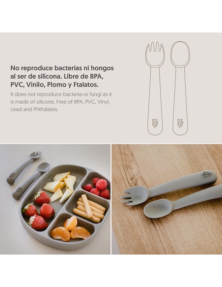 Cuchara y Tenedor de Silicona Gris Petroleo