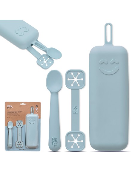 Set Portacubiertos+Cuchara+Sujeta Baberos  de Silicona Azul Grisaceo